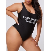 LW Plus Size Letter Print Black One-piece Swimsuit