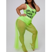 lovely Casual Letter See-through Green Plus Size T