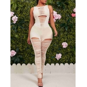 lovely Sexy Sleeveless Hollow-out Khaki One-piece 