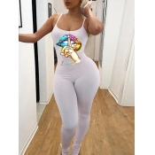lovely Sportswear U Neck Lip Print White One-piece