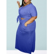 Lovely Casual Buttons Design Blue Plus Size Two-pi