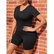 lovely Leisure V Neck Basic Skinny Black Two Piece