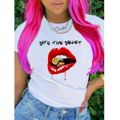 LW Leisure O Neck Lip Print White T-shirt