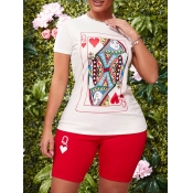 lovely Leisure O Neck Print Red Two Piece Shorts S