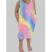 lovely Trendy O Neck Tie-dye Loose Pink Girl One-p