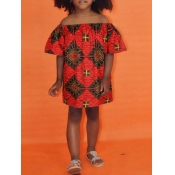 lovely Casual Dew Shoulder Print Red Girl Mini Dre