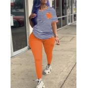 Lovely Leisure O Neck Striped Print Orange Plus Si