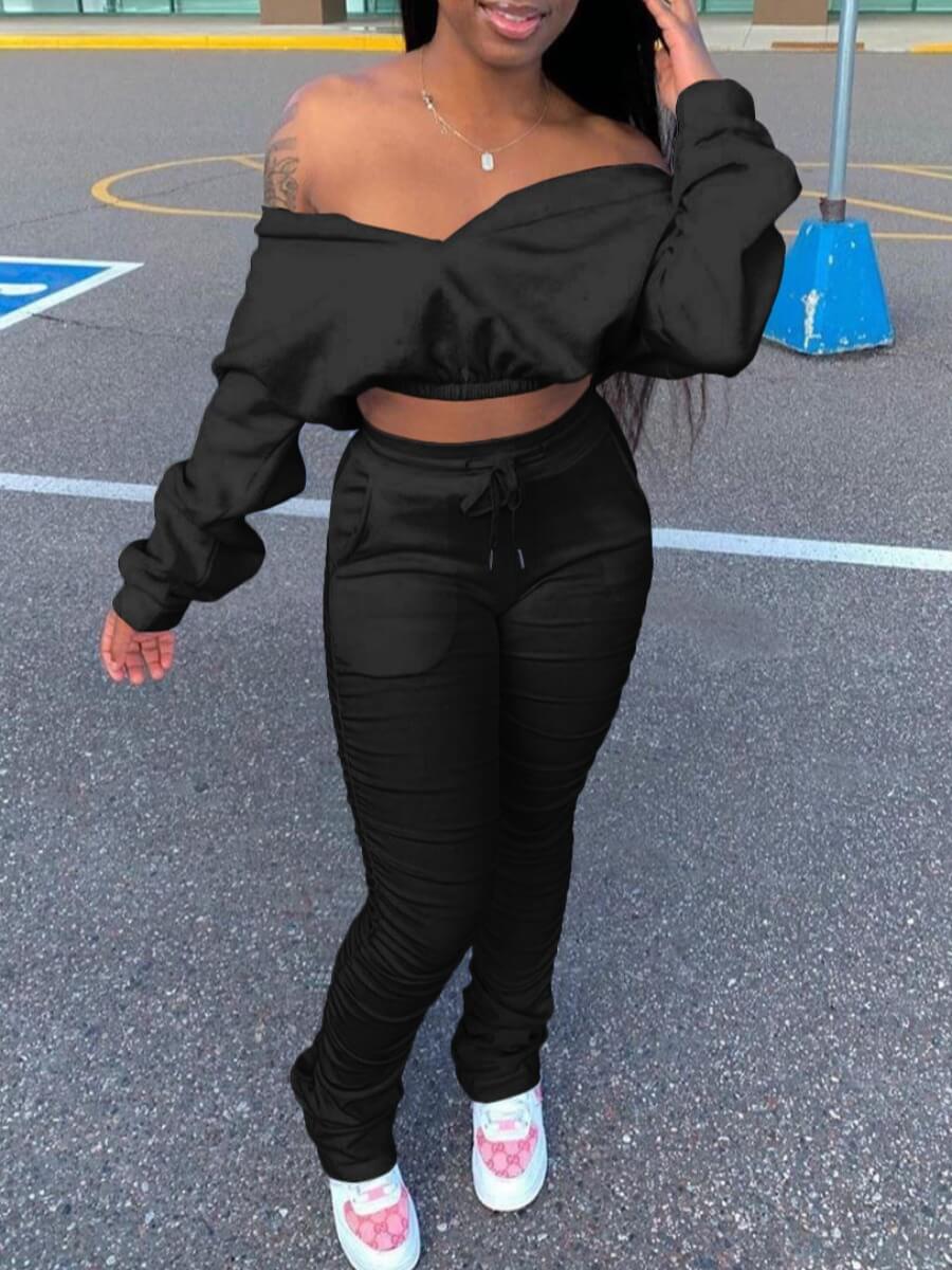 LW Off The Shoulder Ruched Drawstring Pants Set