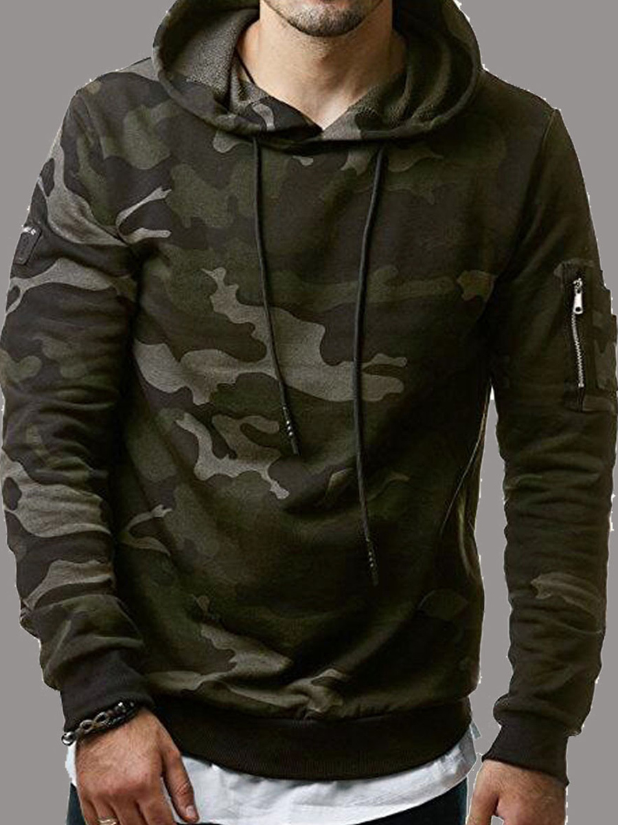 LW Men Hooded Collar Camo Print Hoodie