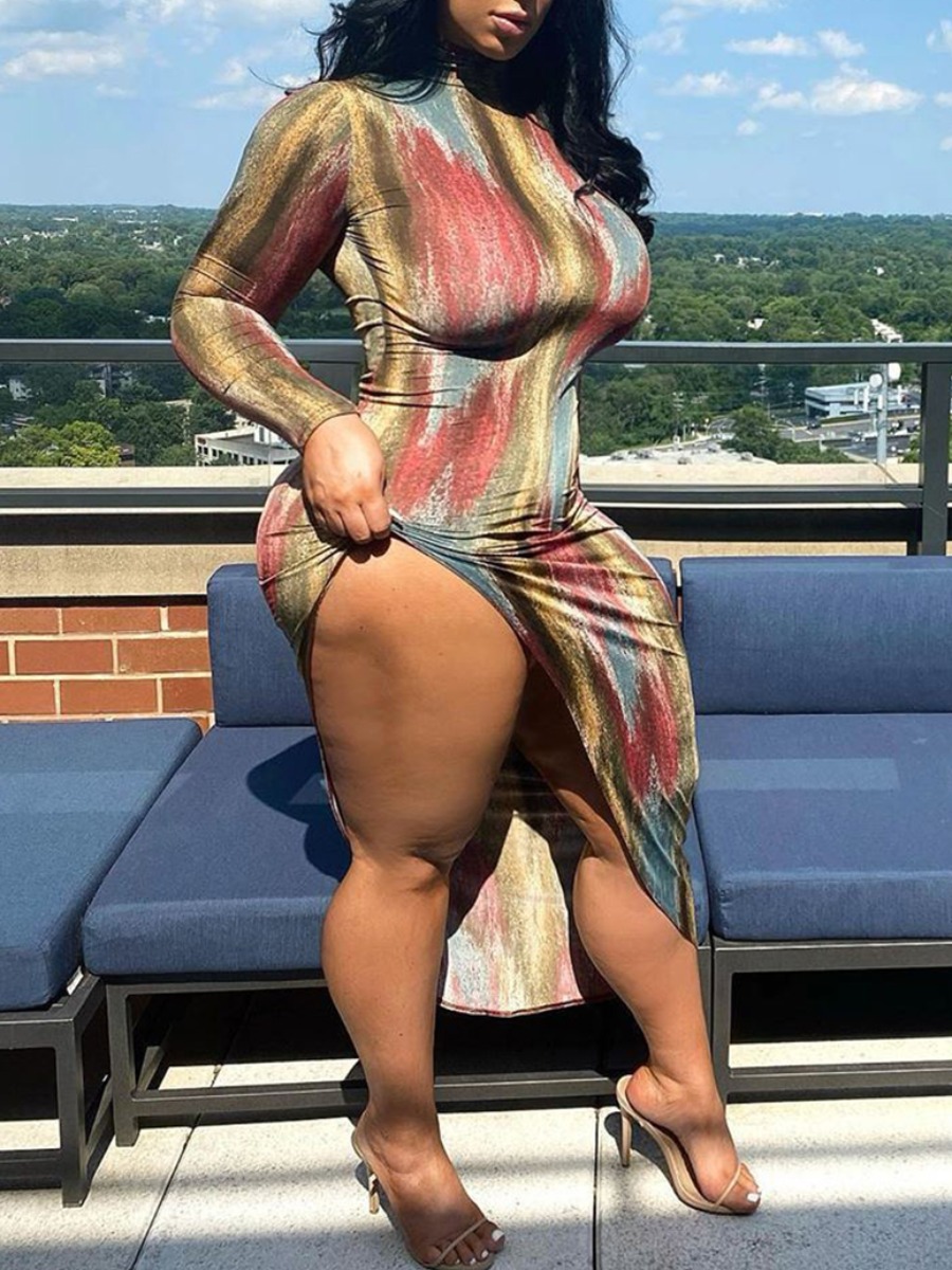 lovely Sexy Tie-dye Asymmetrical Green Mid Calf Dress