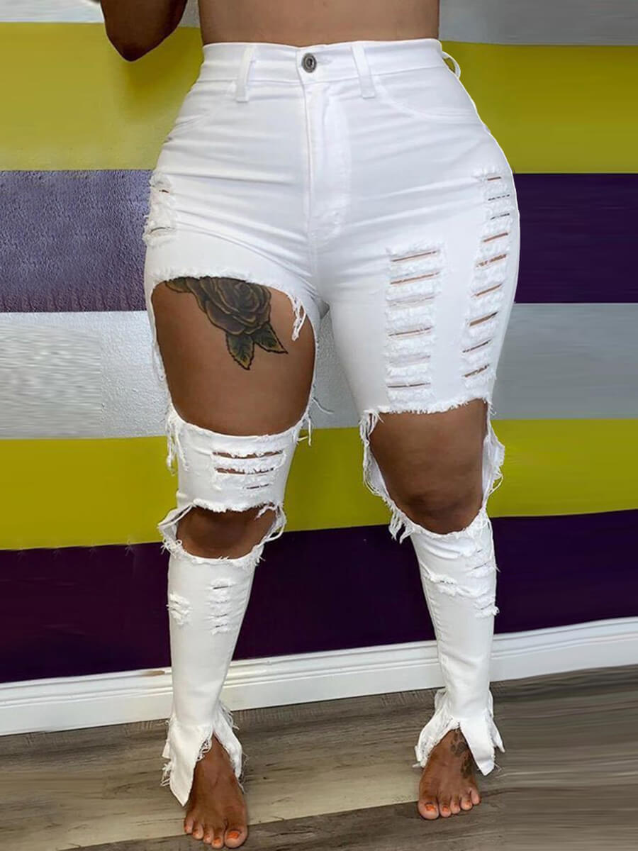 LovelyWholesale Plus Size Street Hollow-out White Jeans Spring|Fall Street Ripped  4X Spring Summer 2024