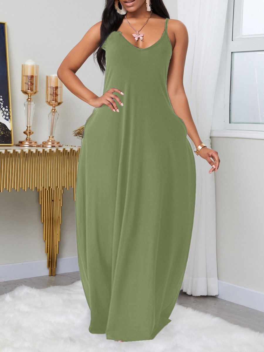 LW BASICS Plus Size Leisure Pocket Patched Light Green&nbsp;Maxi Dress