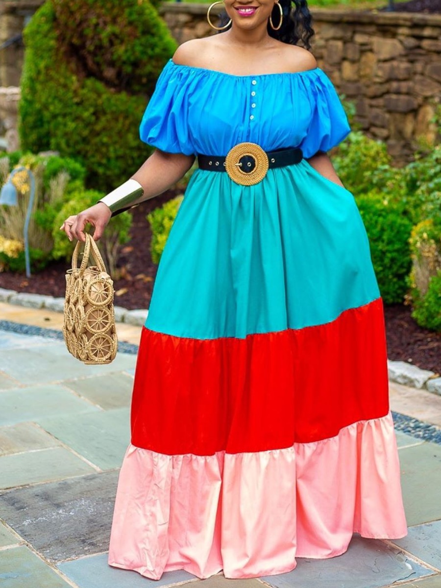 lovely Sweet Dew Shoulder Color-lump Patchwork Multicolor Maxi Dress(Without Belt)