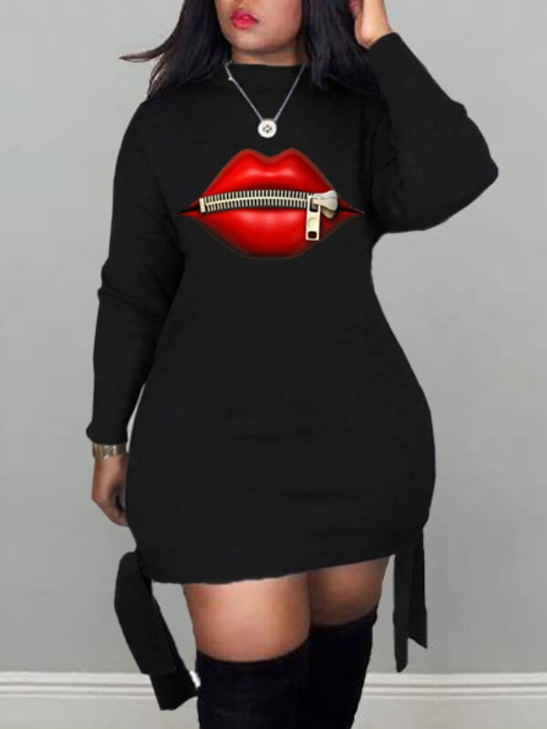 LW Leisure O Neck Lip Print Black Mini Dress