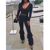 lovely Trendy V Neck Flounce Design Black One-piec