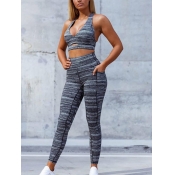 lovely Sportswear Print Hollow-out Grey Two-piece 