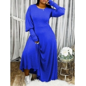 Lovely Casual Puffed Sleeves Loose Blue Maxi Dress