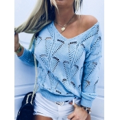 Lovely Trendy V Neck Hollow-out Blue Sweater
