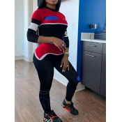 lovely Sportswear O Neck Patchwork Red Two Piece P
