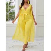 lovely Trendy V Neck Lace-up Yellow Two Piece Pant