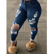 LW Plus Size Stylish Broken Holes Blue Jeans