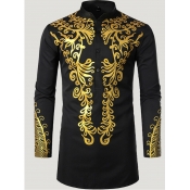 Lovely Trendy Mandarin Collar Print Black Men Shir
