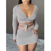 LW SXY Casual V Neck Patchwork Grey Two Piece Skir