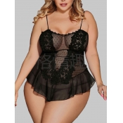 lovely Sexy See-through Flounce Design Black Plus 