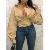 LW Stylish Turndown Collar Buttons Design Khaki Bl