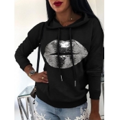 Lovely Casual Hooded Collar Lip Print Black Hoodie
