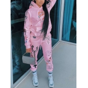LW Sportswear Hooded Collar Print Pink Two Piece P