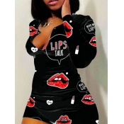 Lovely Trendy Lip Print Black Sleepwear