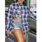 LW Plaid Button Design Asymmetrical Slit Blouse