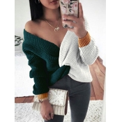 Lovely Casual V Neck Patchwork Green Sweater