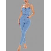 Lovely Trendy Buttons Design Blue One-piece Jumpsu