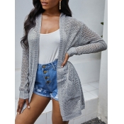 Lovely Leisure Hooded Collar Hollow-out Grey Cardi