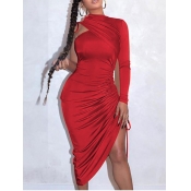 Lovely Sexy One Shoulder Fold Design Red Mid Calf 