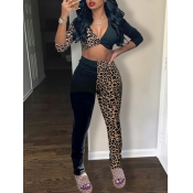 lovely Sexy Leopard Print Patchwork Two Piece Pant