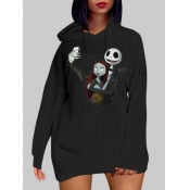 Lovely Casual Hooded Collar Print Black Mini Plus 