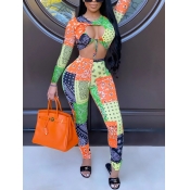 lovely Trendy O Neck Print Hollow-out Light Green 