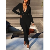 lovely Sexy Deep V Neck Buttons Design Black One-p
