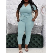 lovely Casual V Neck Basic Green Plus Size Two-pie