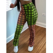 Lovely Casual Grid Print Patchwork Green Pants