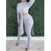 lovely Leisure O Neck Side High Slit Grey Two Piec