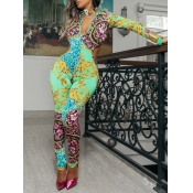lovely Bohemian Print Hollow-out Green One-piece J
