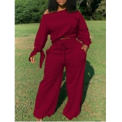 Lovely Plus Size Casual Drawstring Loose Wine Red 
