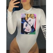Lovely Sexy Print Skinny White Bodysuit