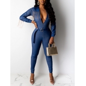 Lovely Stylish Turndown Collar Zipper Design Blue 