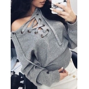 lovely Stylish Bandage Design Grey Sweater