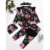lovely Casual O Neck Plants Print Black Girl Two-p